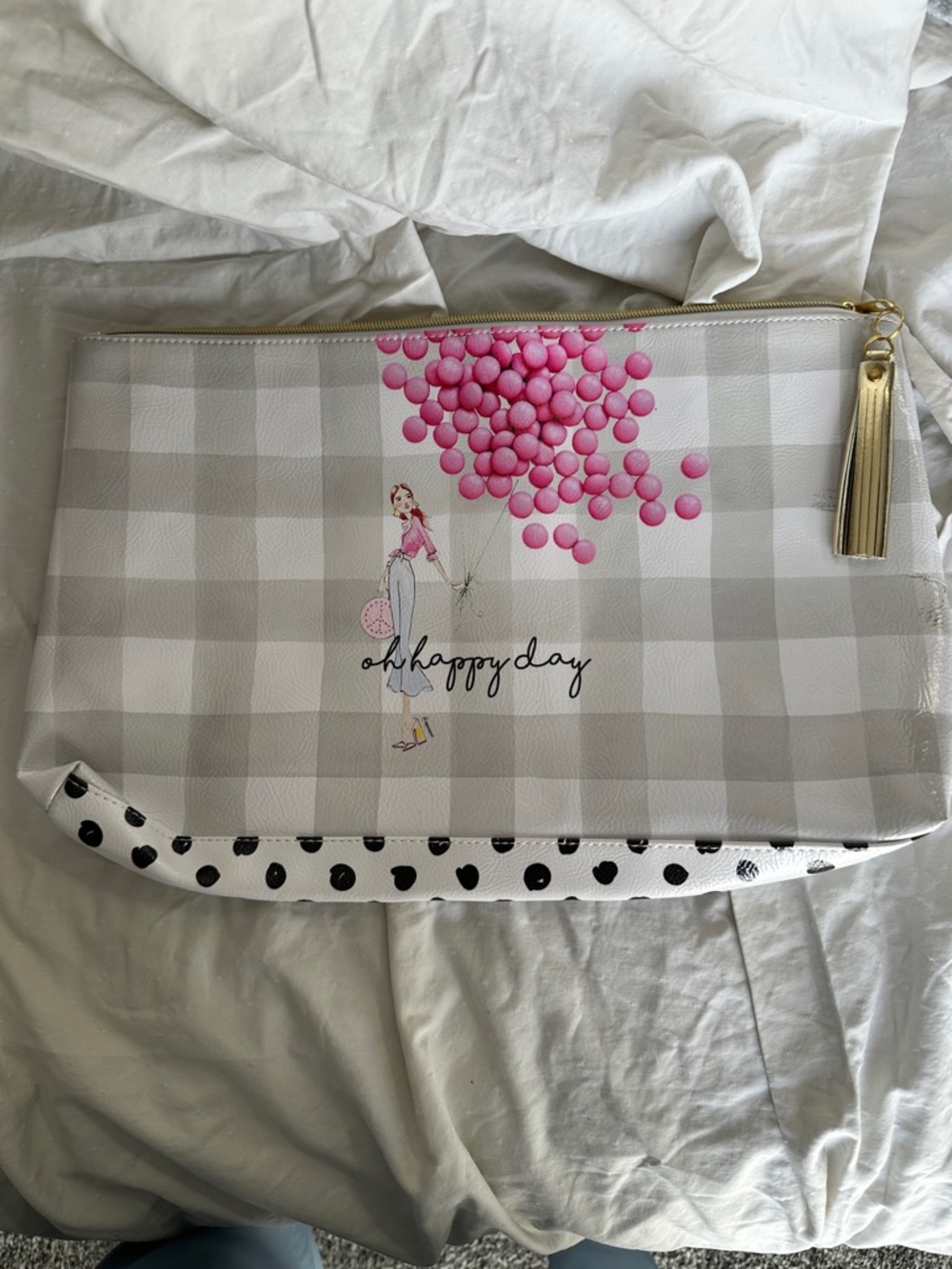 White & Gray Check Cosmetic Pouch with Pink Balloon Design